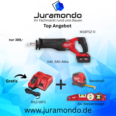 Sommer Aktion M18FSZ-0 M18 FUEL™ Akku-Säbelsäge + M18B5 5Ah Akku + M12-18FC + Wasserwaage + Bandmaß