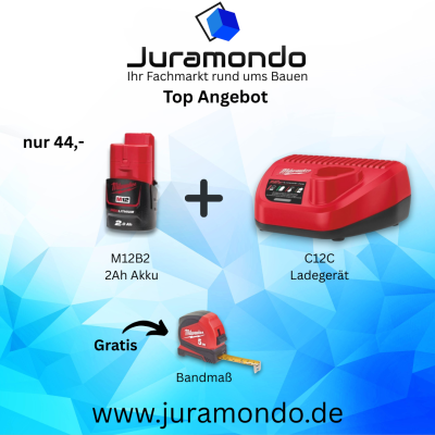 Sommer Aktion Milwaukee C12C Ladegerät + M12B2 2Ah Akku + Gratis Bandmaß