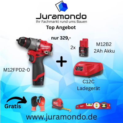 Sommer Aktion M12FPD2 FUEL™ Akku-Kompakt-Schlagbohrschrauber + 2x 2Ah M12B2 Akkus + Ladegerät + Gratis Zubehör Alu Wasserwaage Maßband Schnittschutzhandschuhe