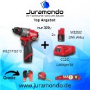 Sommer Aktion M12FPD2 FUEL™ Akku-Kompakt-Schlagbohrschrauber + 2x 2Ah M12B2 Akkus + Ladegerät + Gratis Zubehör Alu Wasserwaage Maßband Schnittschutzhandschuhe