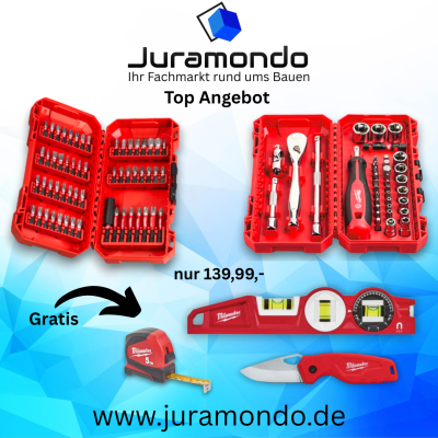 Sommer Aktion Milwaukee Ratschen-, Steckschlüsseleinsatz- und Bit-Set 1/4" 38-teilig + Packout Bit-Set + Klappmesser + Alu Wasserwaage + Bandmaß