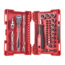 Sommer Aktion Milwaukee Ratschen-, Steckschlüsseleinsatz- und Bit-Set 1/4" 38-teilig + Packout Bit-Set + Klappmesser + Alu Wasserwaage + Bandmaß