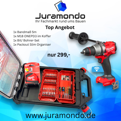 Aktion Milwaukee M18ONEPD3-0X M18 FUEL™ ONE-KEY™-Akku-Schlagbohrschrauber + Slim Organiser + Bit/ Bohrer-Set + Bandmaß