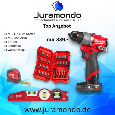 Aktion M12FPD2-402X FUEL™ Akku-Kompakt-Schlagbohrschrauber + Bit Set + Bandmaß + Wasserwaage